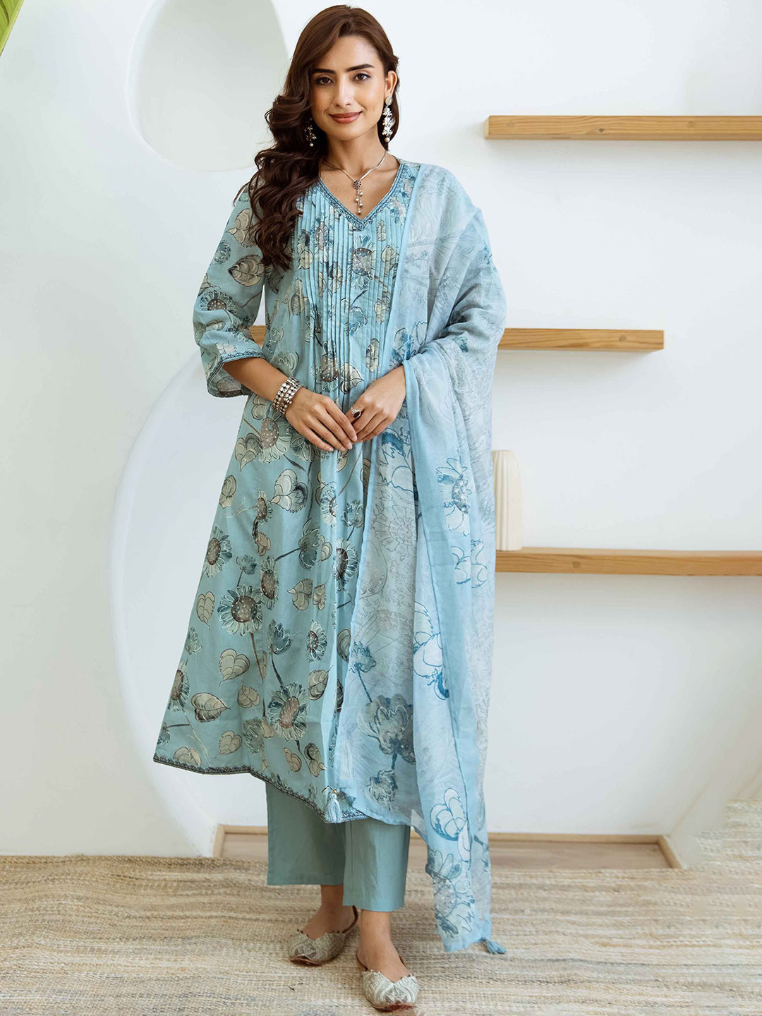 

DIVASTRI Floral Printed V-Neck Sequinned Pure Cotton A-Line Kurta With Trousers & Dupatta, Turquoise blue