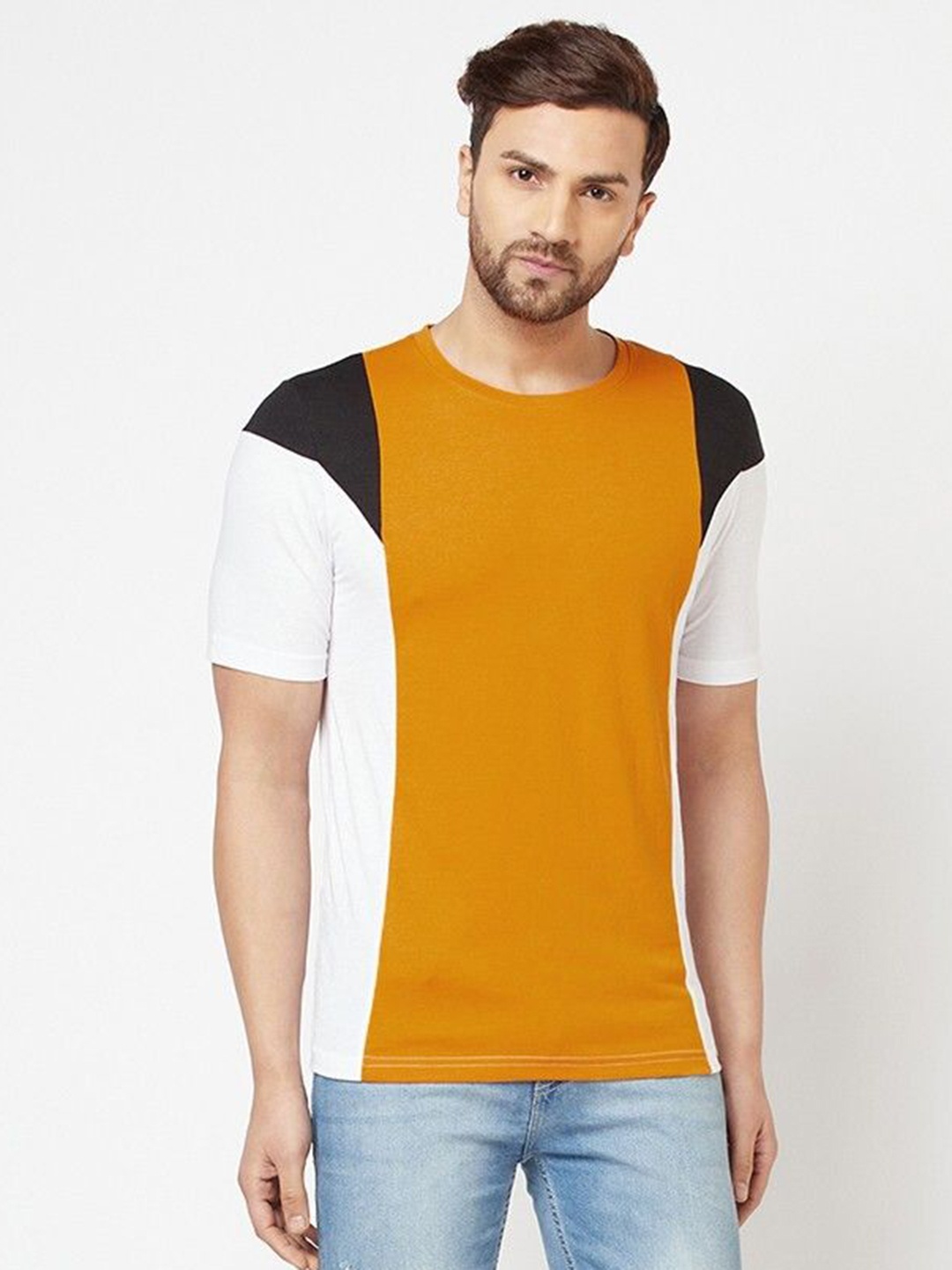 

Unicus Apparel Men Colourblocked Round Neck Cotton T-shirt, Mustard