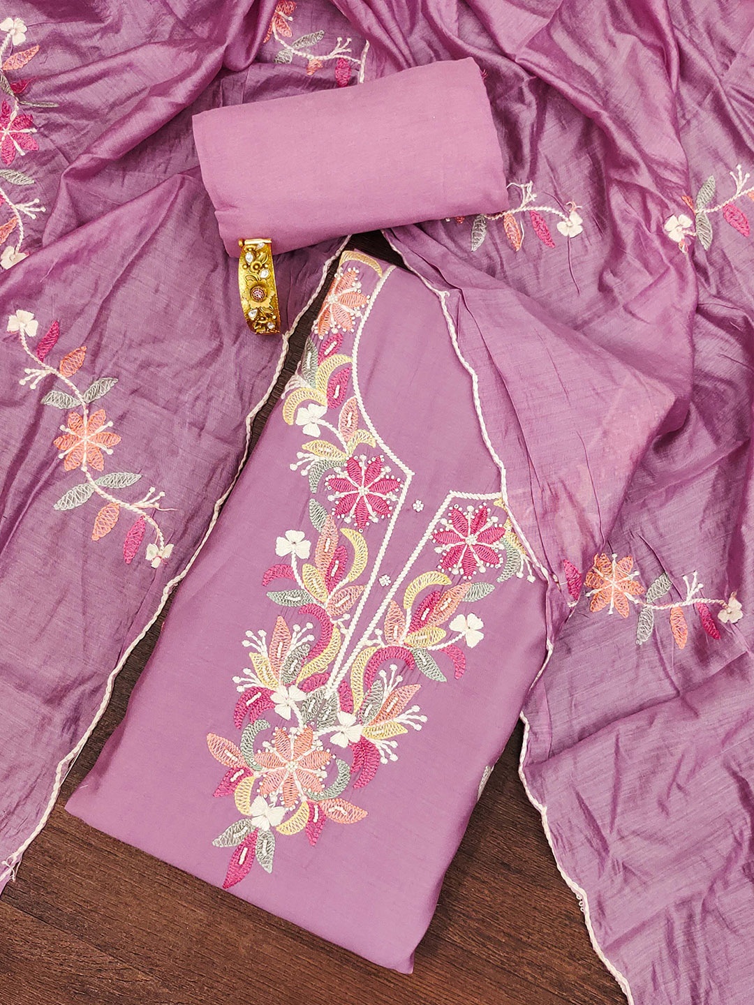 

SHADOW & SAINING Floral Embroidered Thread Work Pure Silk Unstitched Dress Material, Purple