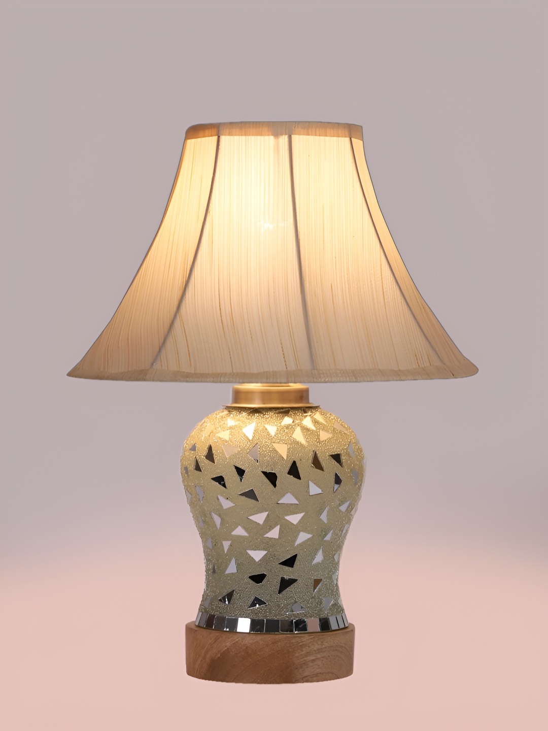 

Devansh Off White Textured Frustum Shaped Wooden Table Lamp With Mosaic Glass Base