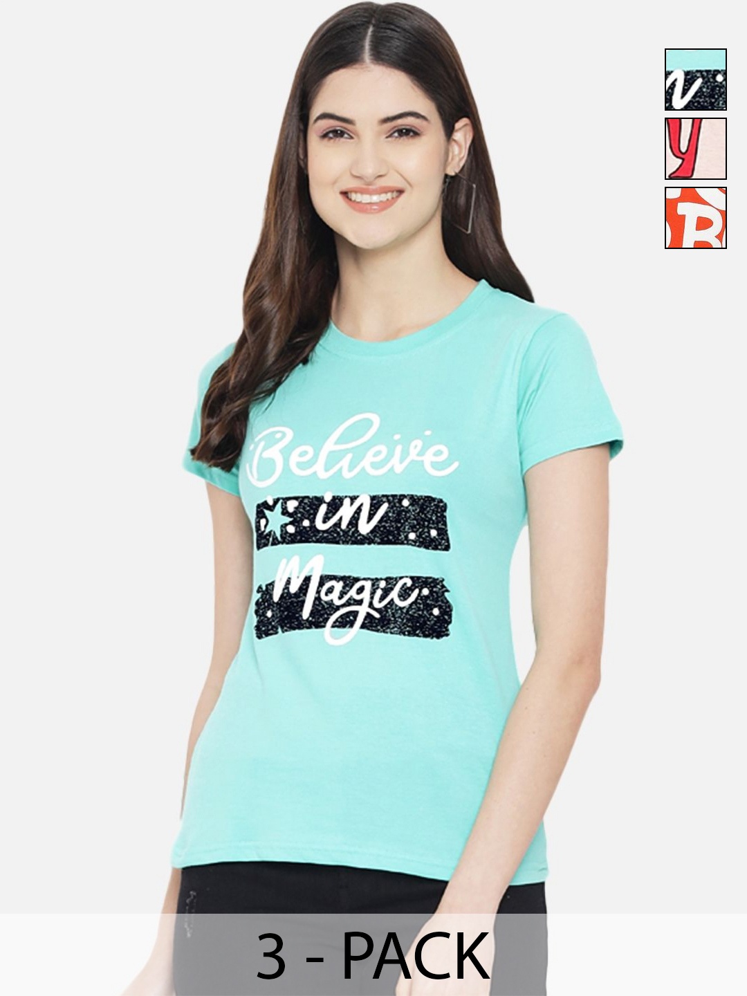 

Dreambe Women Pack of 3 Typography Printed Round Neck Cotton T-shirts, Orange