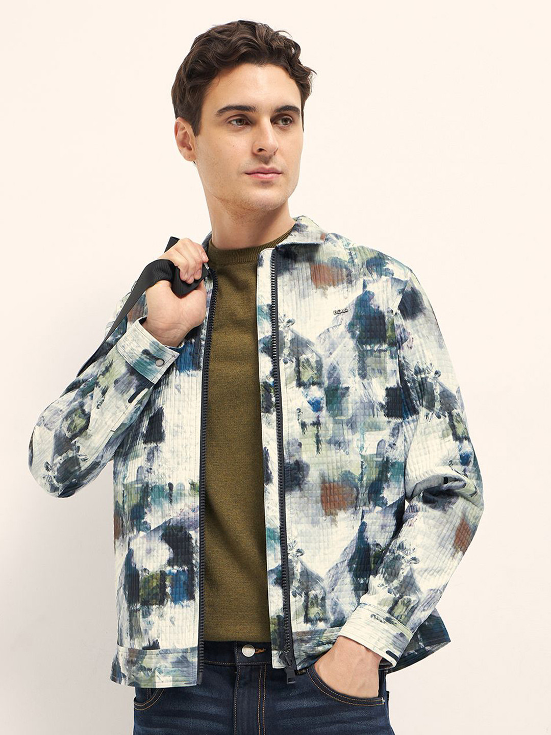 

THE BEAR HOUSE Men Abstract Printed Lightweight Bomber Jacket, Cream