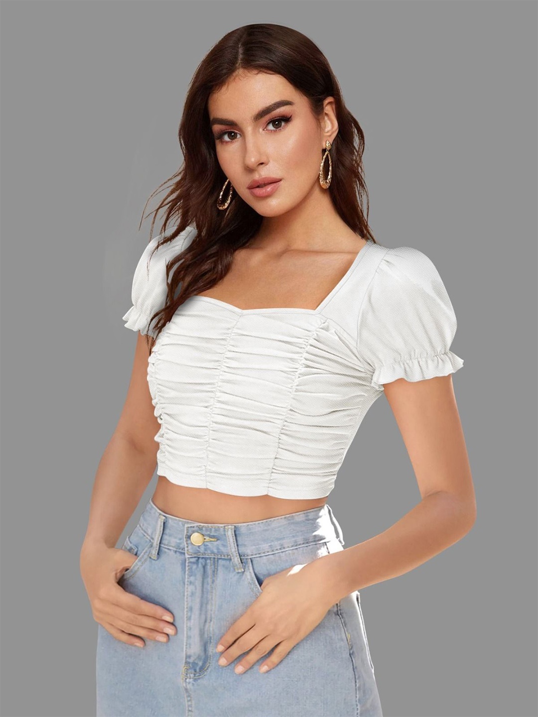

DHUNKI Women Striped Puff Sleeve Crop Fitted Top, White