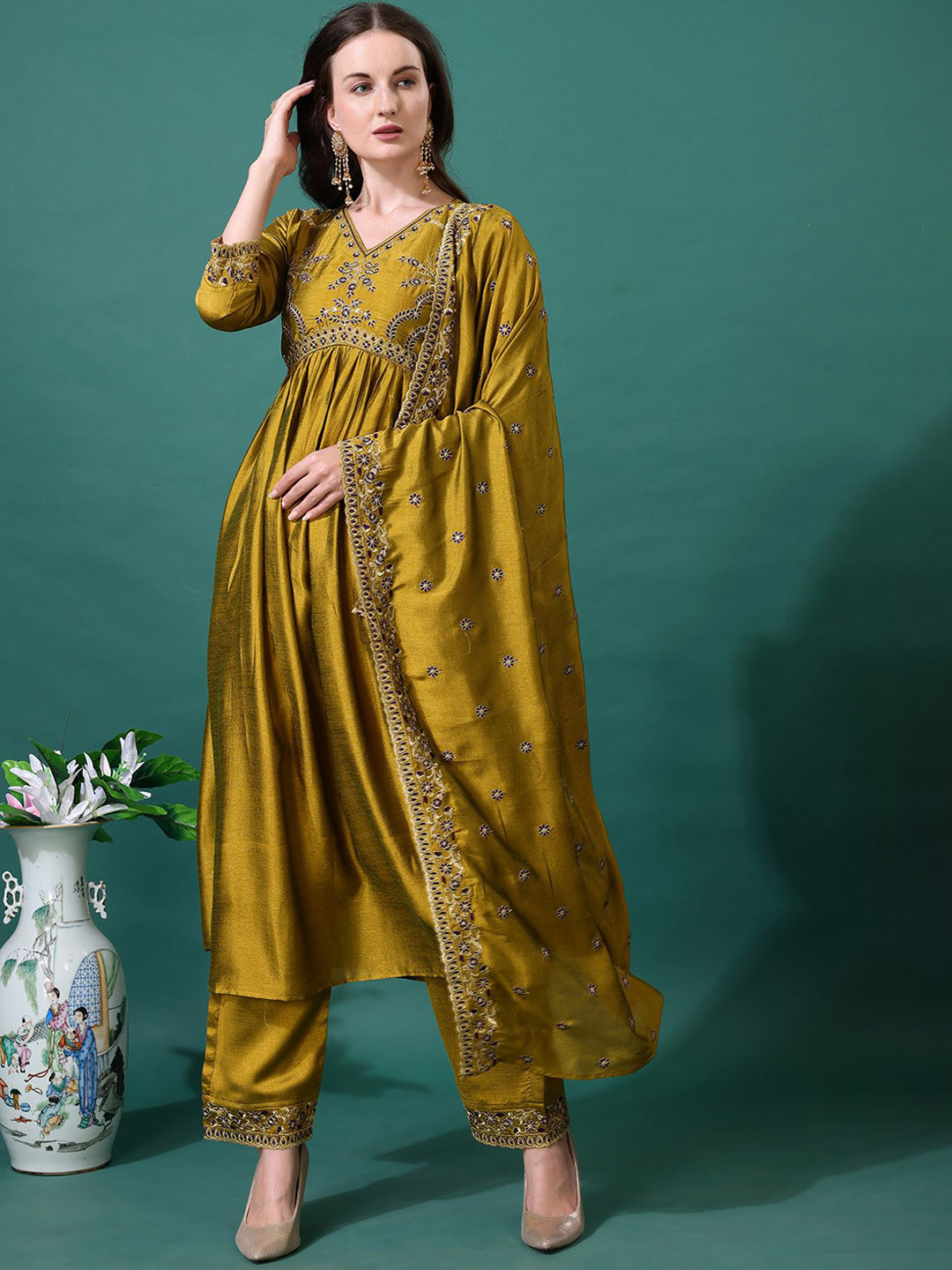

KALINI Floral Yoke Design V-Neck Anarkali Thread Work Kurta With Palazzos And Dupatta, Yellow