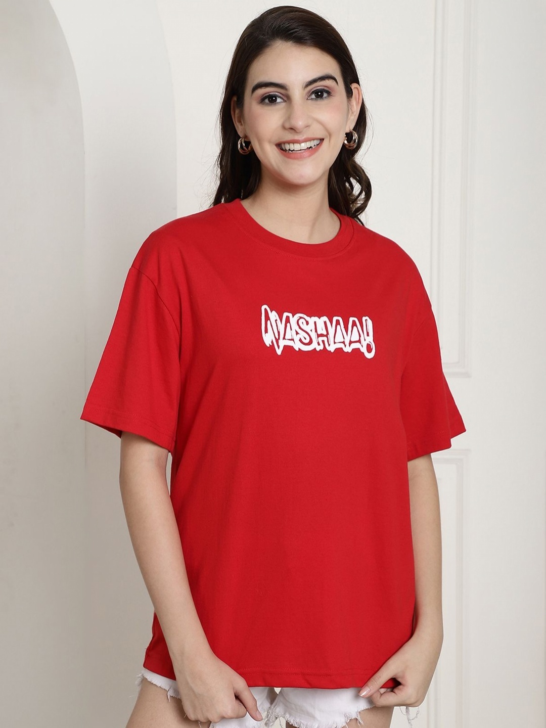 

Tromko Women Graphic Printed Round Neck Cotton Oversized T-shirt, Red
