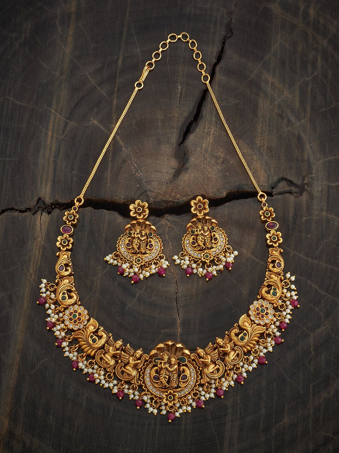 

Kushal's Fashion Jewellery Gold-Plated Ruby Studded Ethnic Antique Jewellery Set