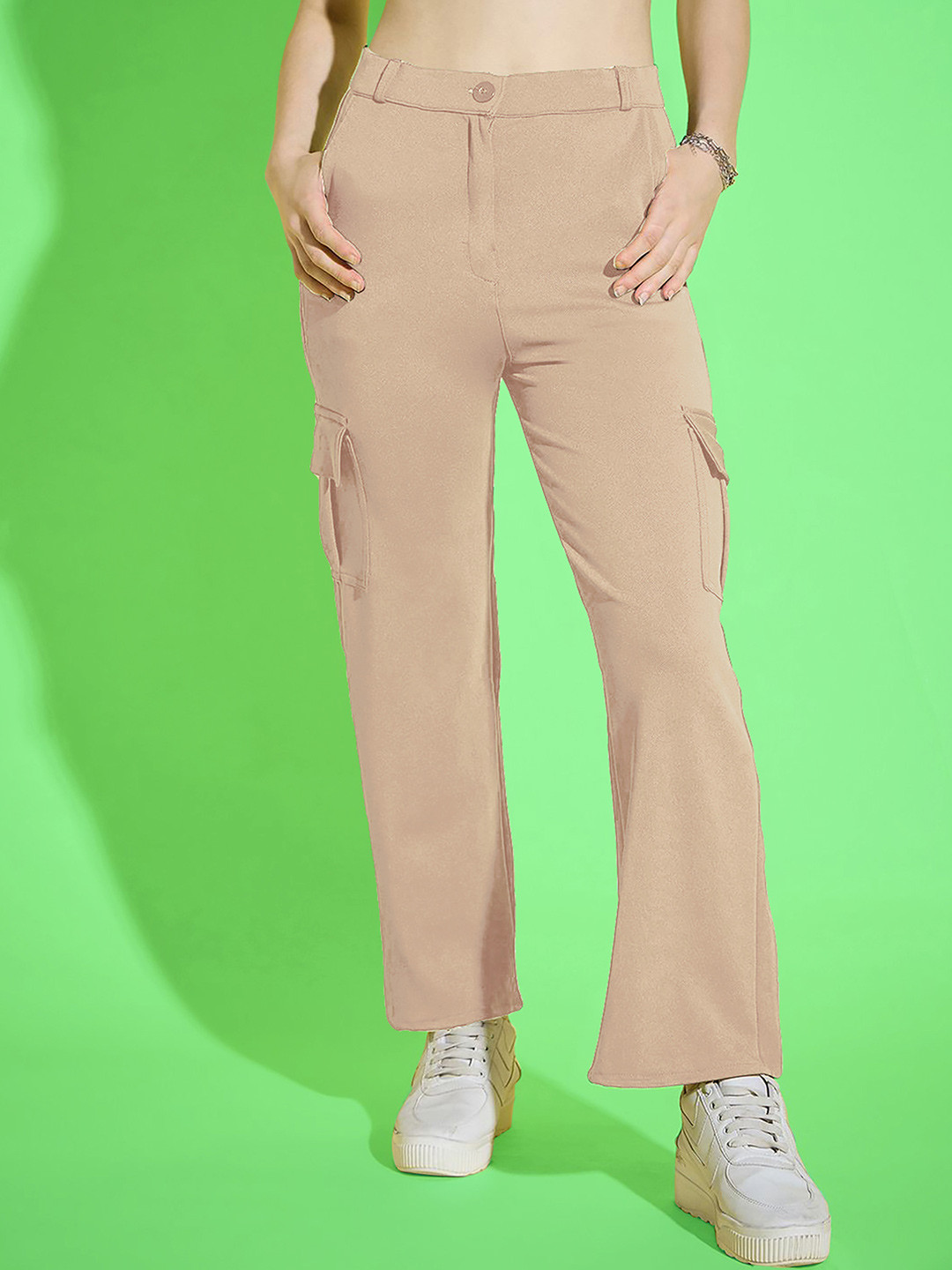 

Dream Beauty Fashion Women Loose Fit High-Rise Cargos Trouser, Beige