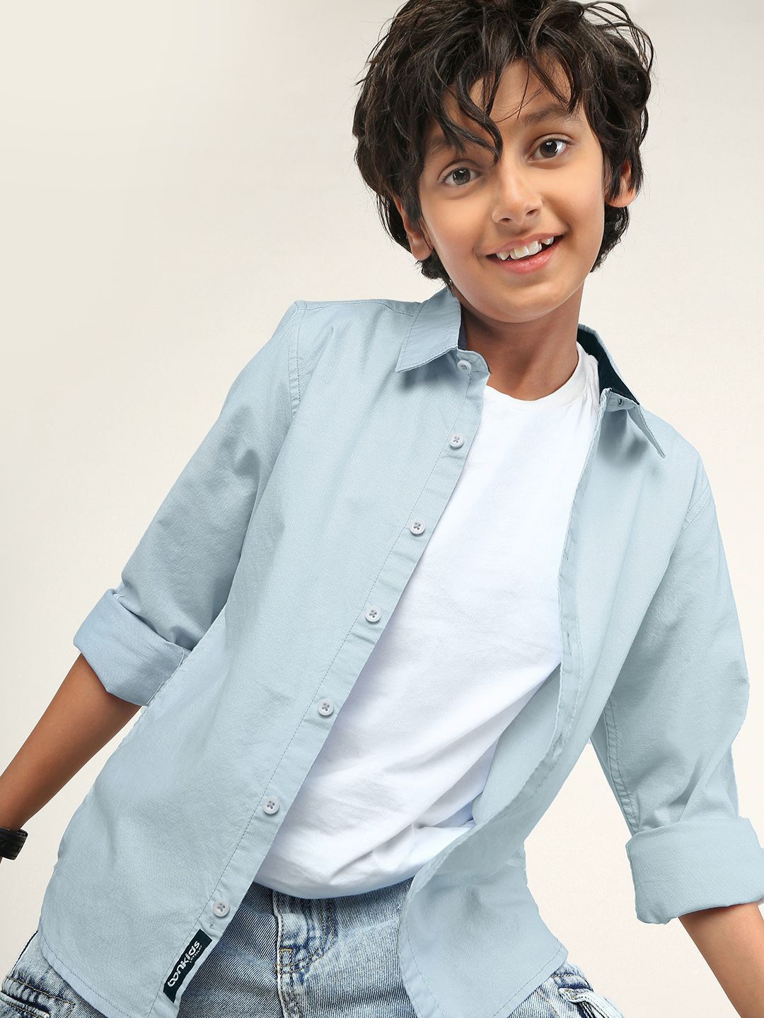 

BONKIDS Boys Spread Collar Solid Cotton Casual Shirt, Sea green