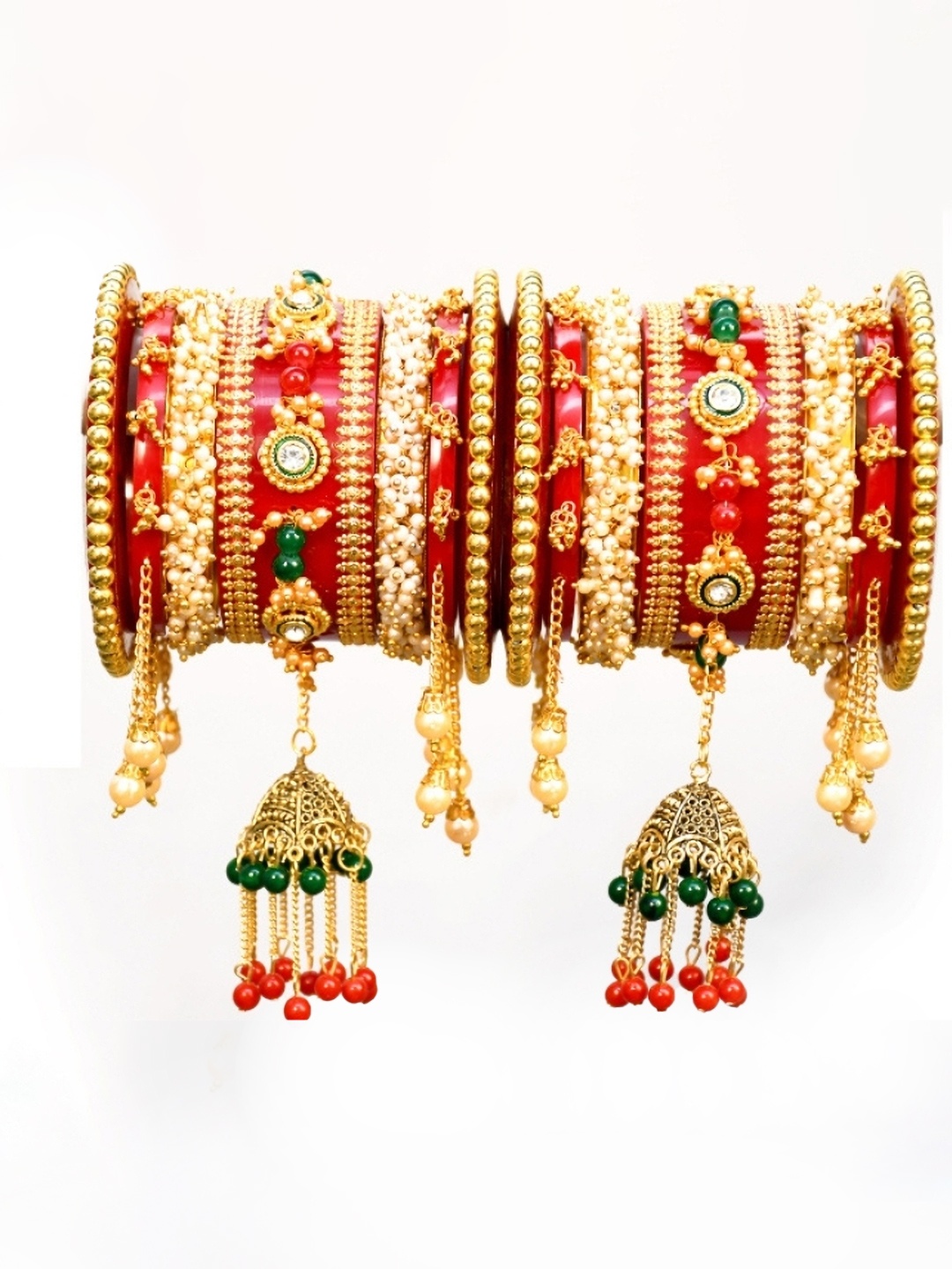 

Zindura Set Of 2 Gold-Plated Crystals-Studded & Beaded Chuda Bangles