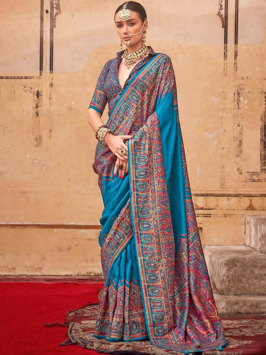 

MySilkLove Blue Chill Paisley Printed Jamawar Saree With Unstitched Blouse Piece