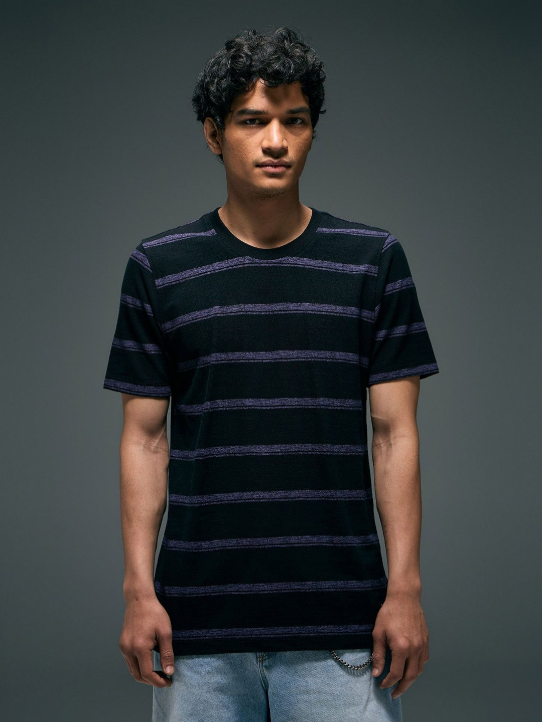 

Flying Machine Striped Round Neck Cotton T-shirt, Black