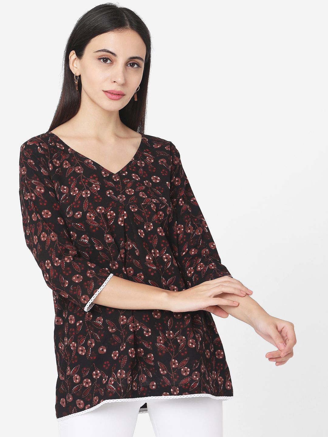 

KALINI V-Neck Floral Printed Lace Cotton Top, Black