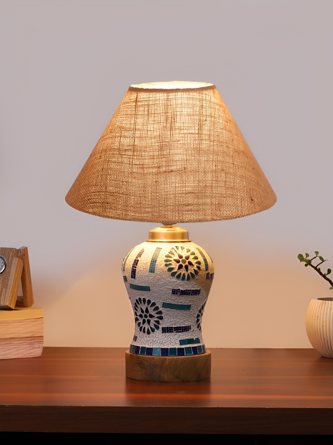 

Devansh Beige Textured Traditional Frustum Shaped Wooden Table Lamp & Mosaic Glass