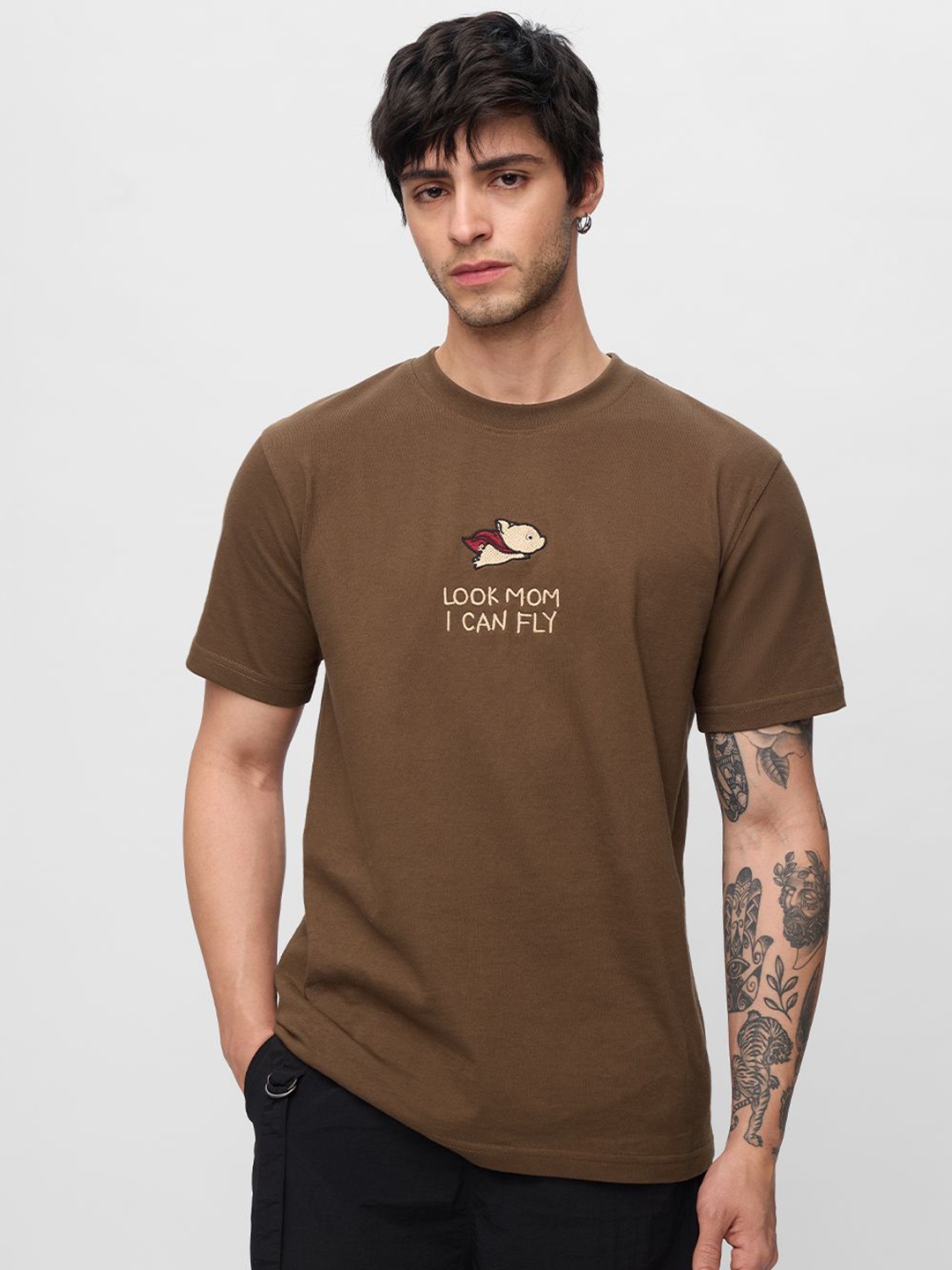 

The Souled Store Typography Printed Round Neck Cotton T-shirt, Brown