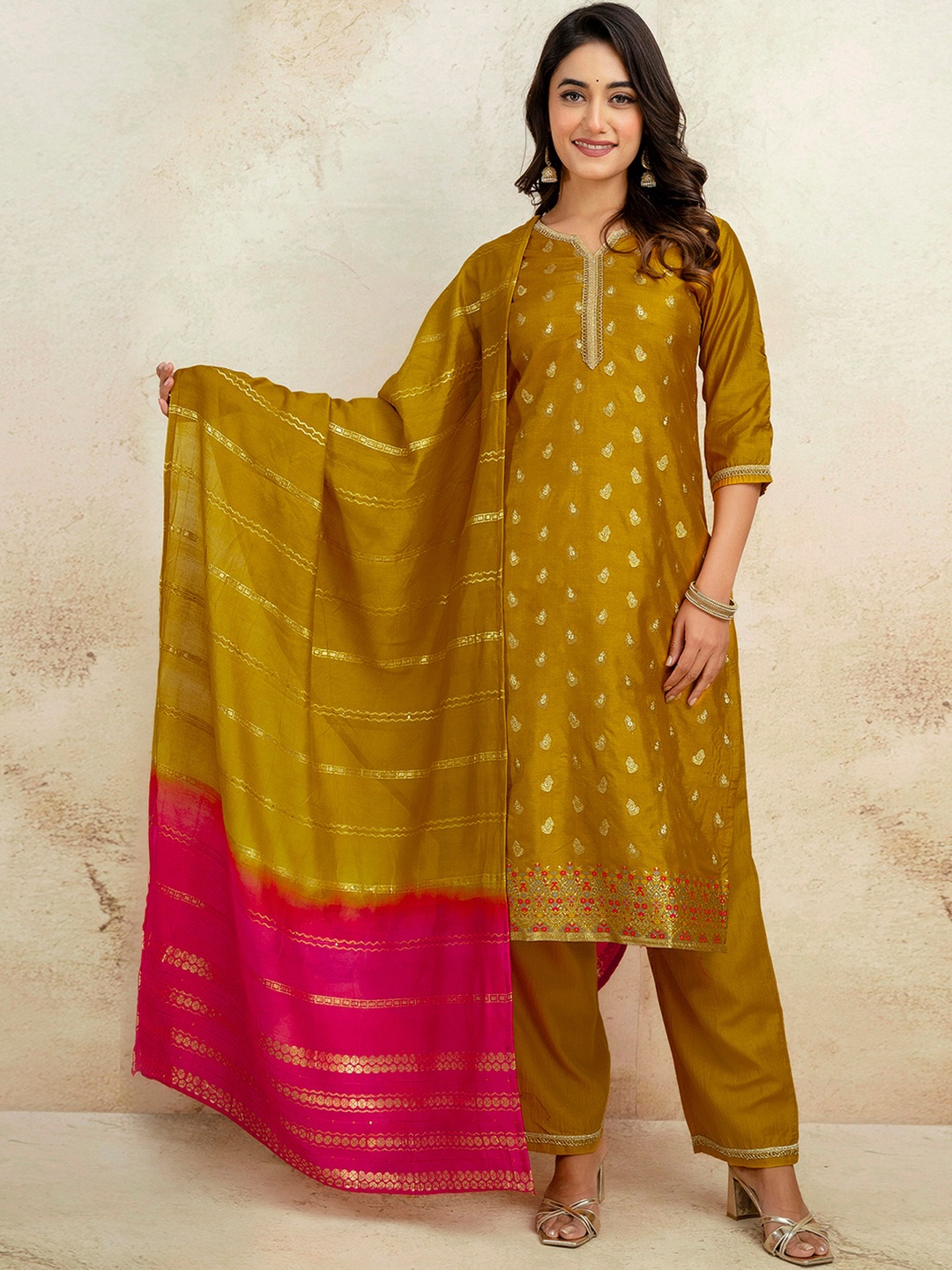 

SKYLEE Floral Woven Design Chinon Straight Kurta With Trousers & Dupatta, Mustard