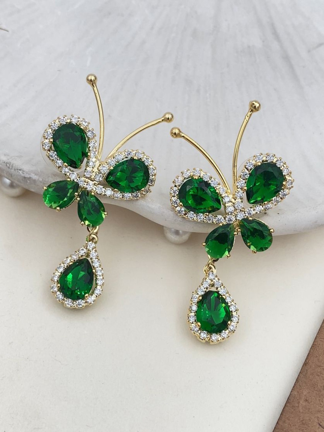 

Rare Bello Gold-Plated American Diamond Studded Quirky Shaped Drop Earrings, Green