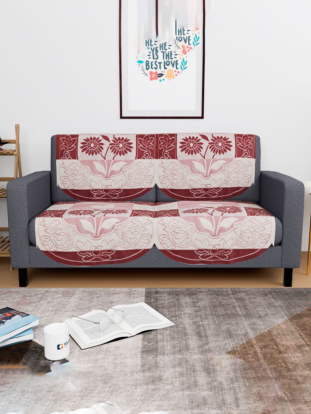 

Kuber Industries Red & Cream-Coloured 4 Pieces Floral Printed Cotton Sofa Cover