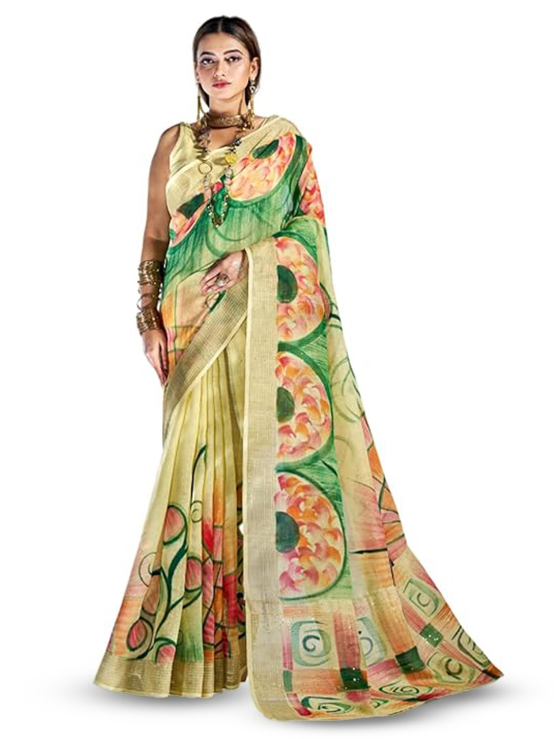 

BW X BUTTERFLY Floral Printed Pure Cotton Saree, Yellow