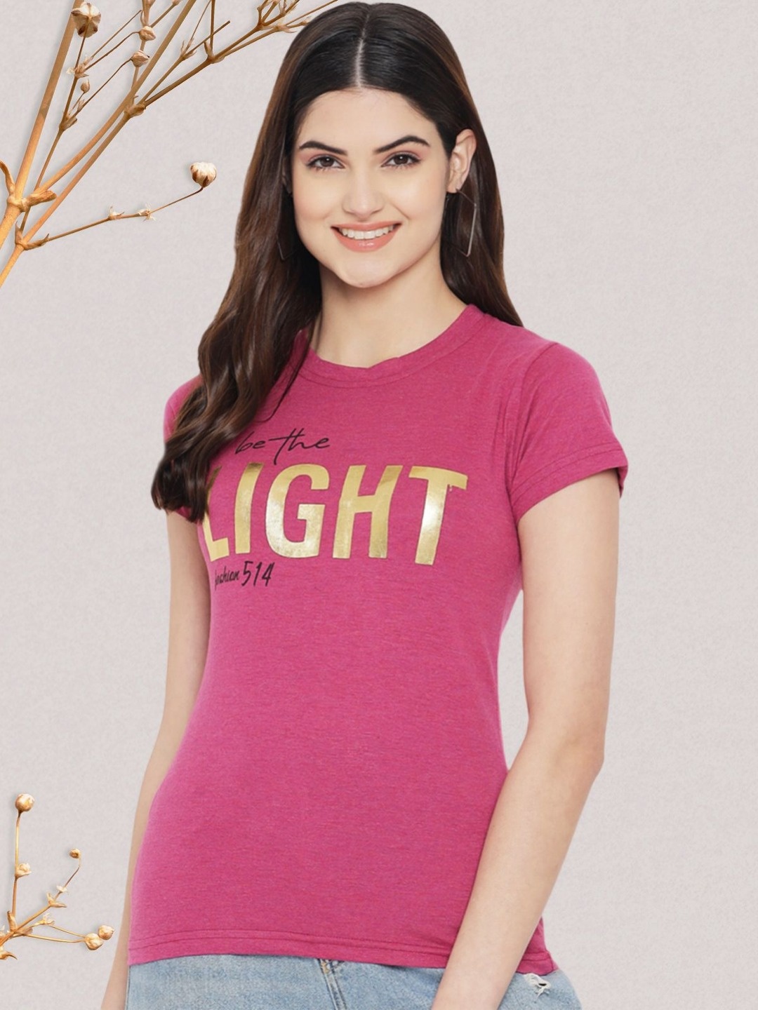 

Dreambe Women Typography Printed Round Neck Cotton T-shirt, Pink