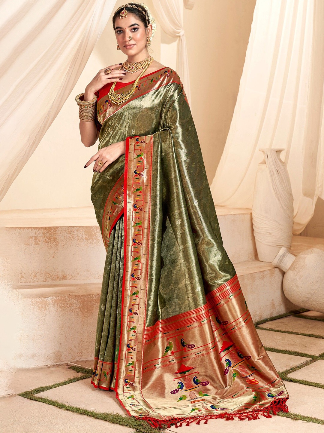 

MySilkLove Woven Design Zari Silk Blend Paithani Saree, Brown