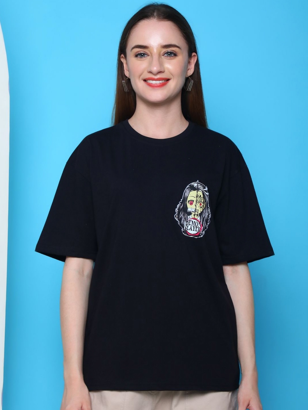 

Tromko Graphic Printed Round Neck Short Sleeves Cotton Oversized T-shirt, Black