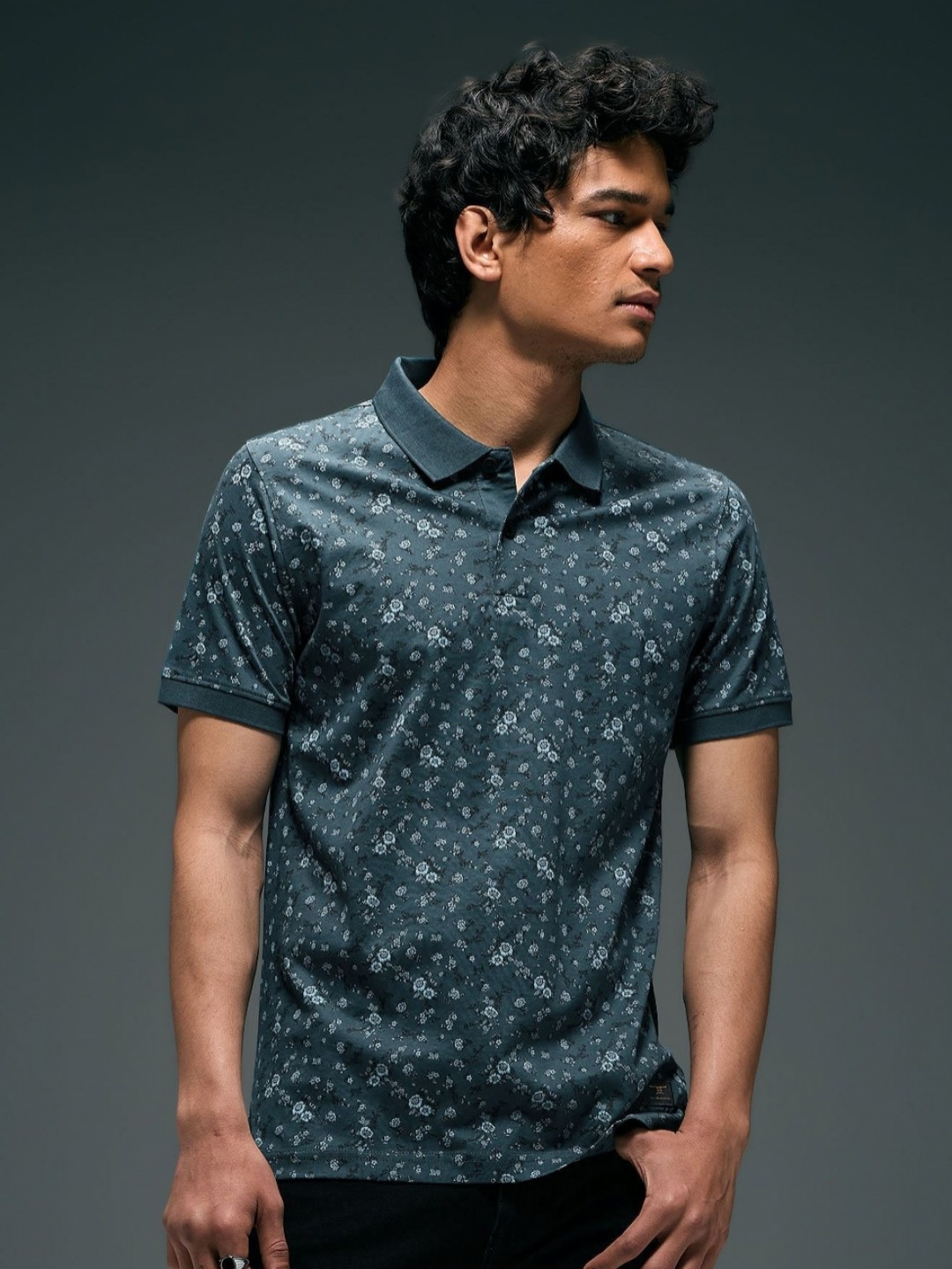 

Flying Machine Floral Printed Polo Collar Cotton T-shirt, Blue