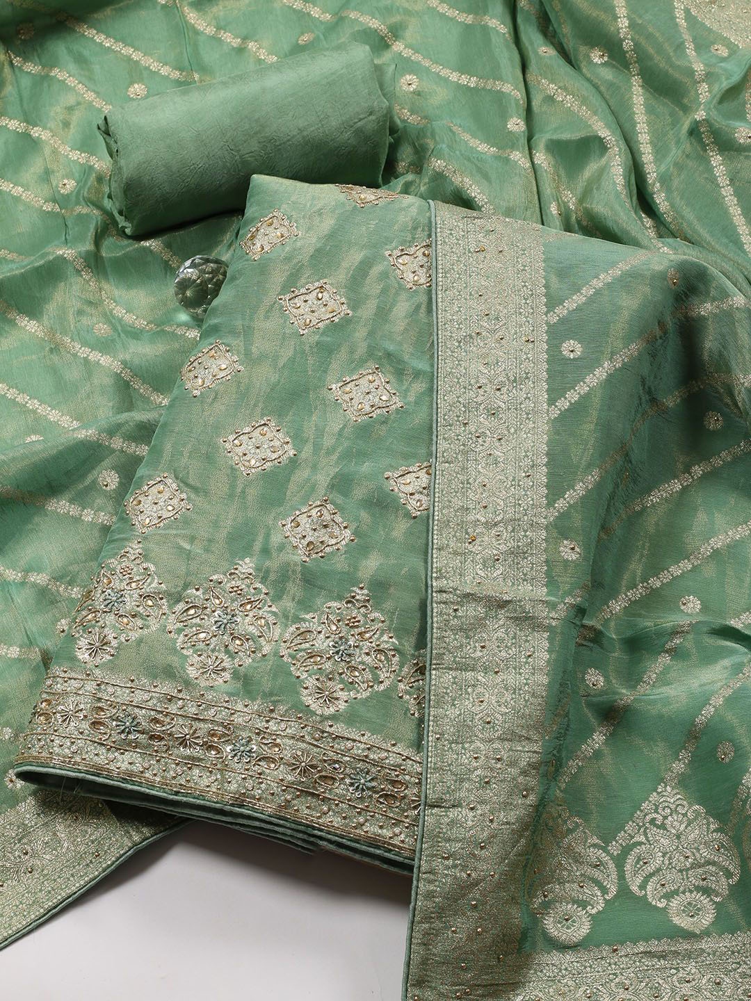 

Meena Bazaar Ethnic Motifs Woven Design Beads and Stones Unstitched Dress Material, Green