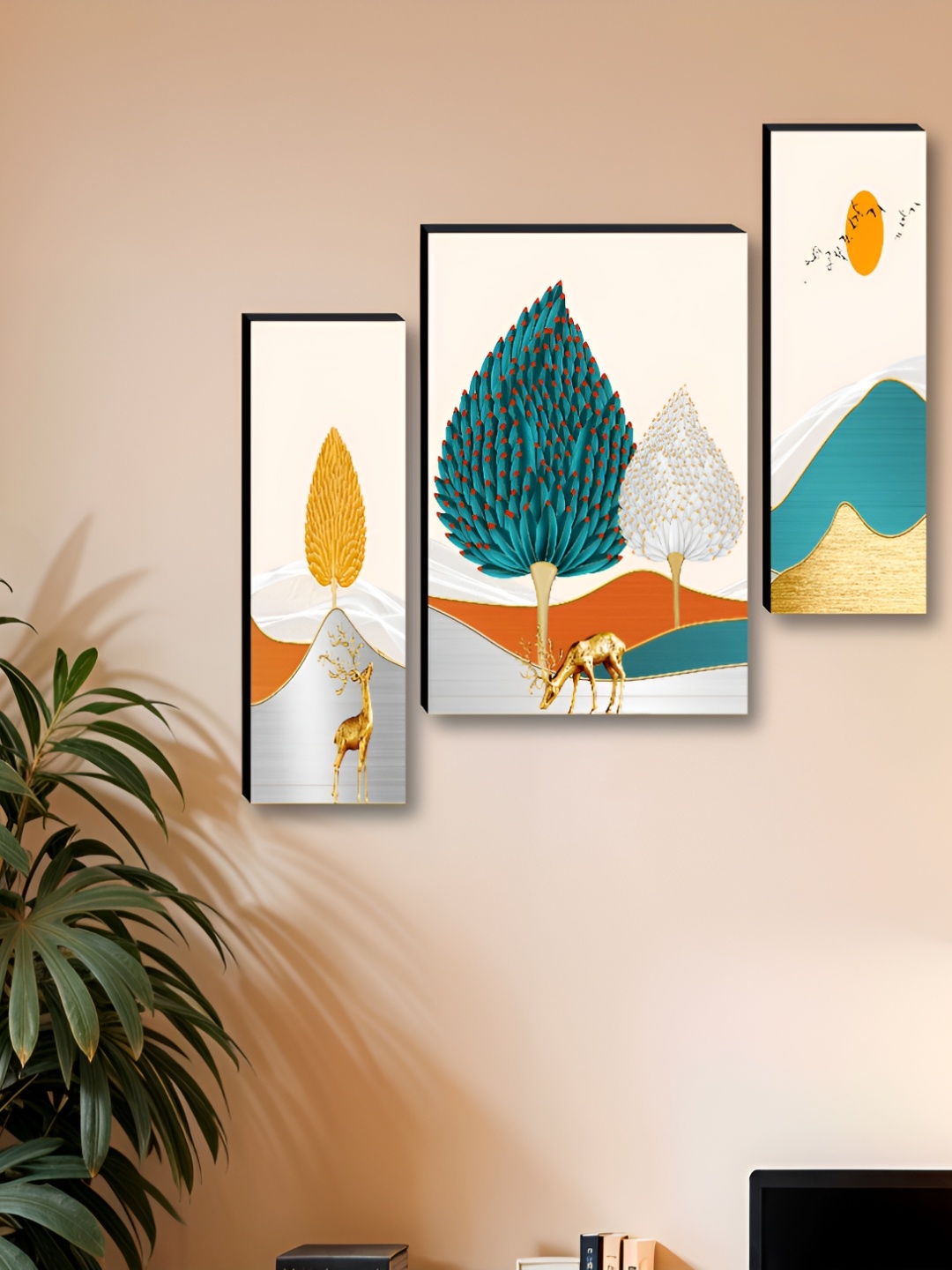 

Myntra Elegant Homes White & Gold-Toned 3 Pieces Tree & Deer Printed Wall Art