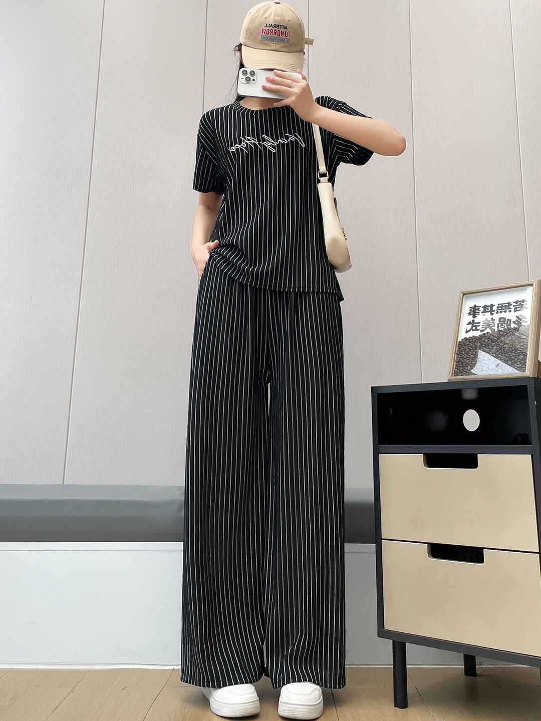 

Lugo Striped Self Design Round Neck T-Shirt With Palazzo, Black