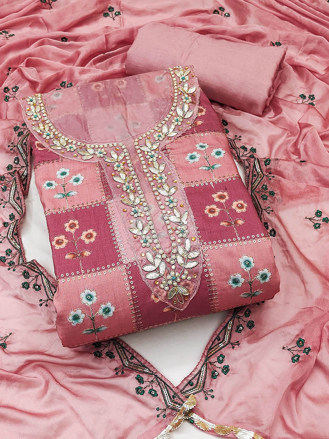 

SHADOW & SAINING Floral Printed Sequinned Unstitched Dress Material, Pink