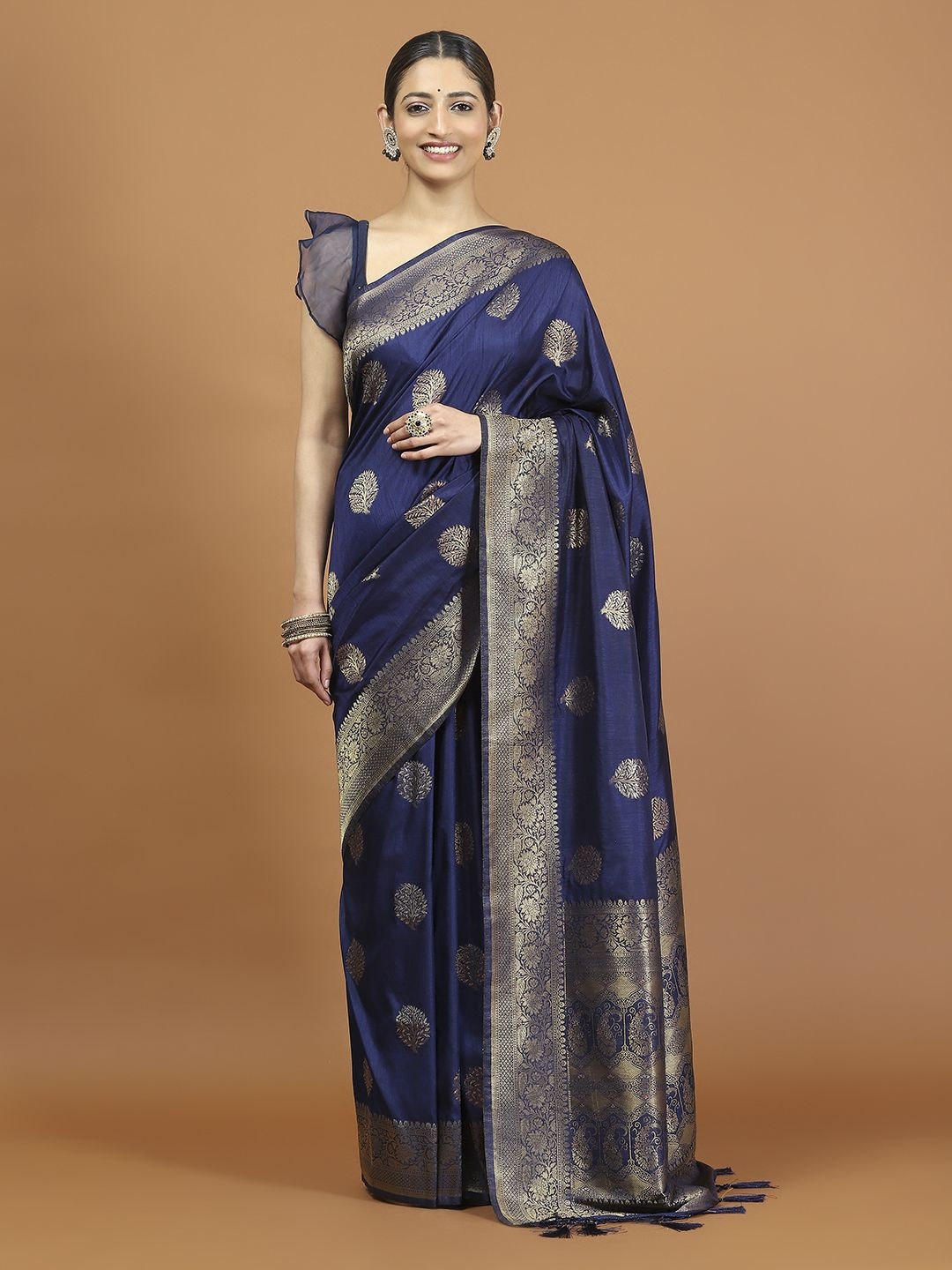 

Meena Bazaar Woven Design Zari Silk Saree With Unstitched Blouse Piece, Navy blue