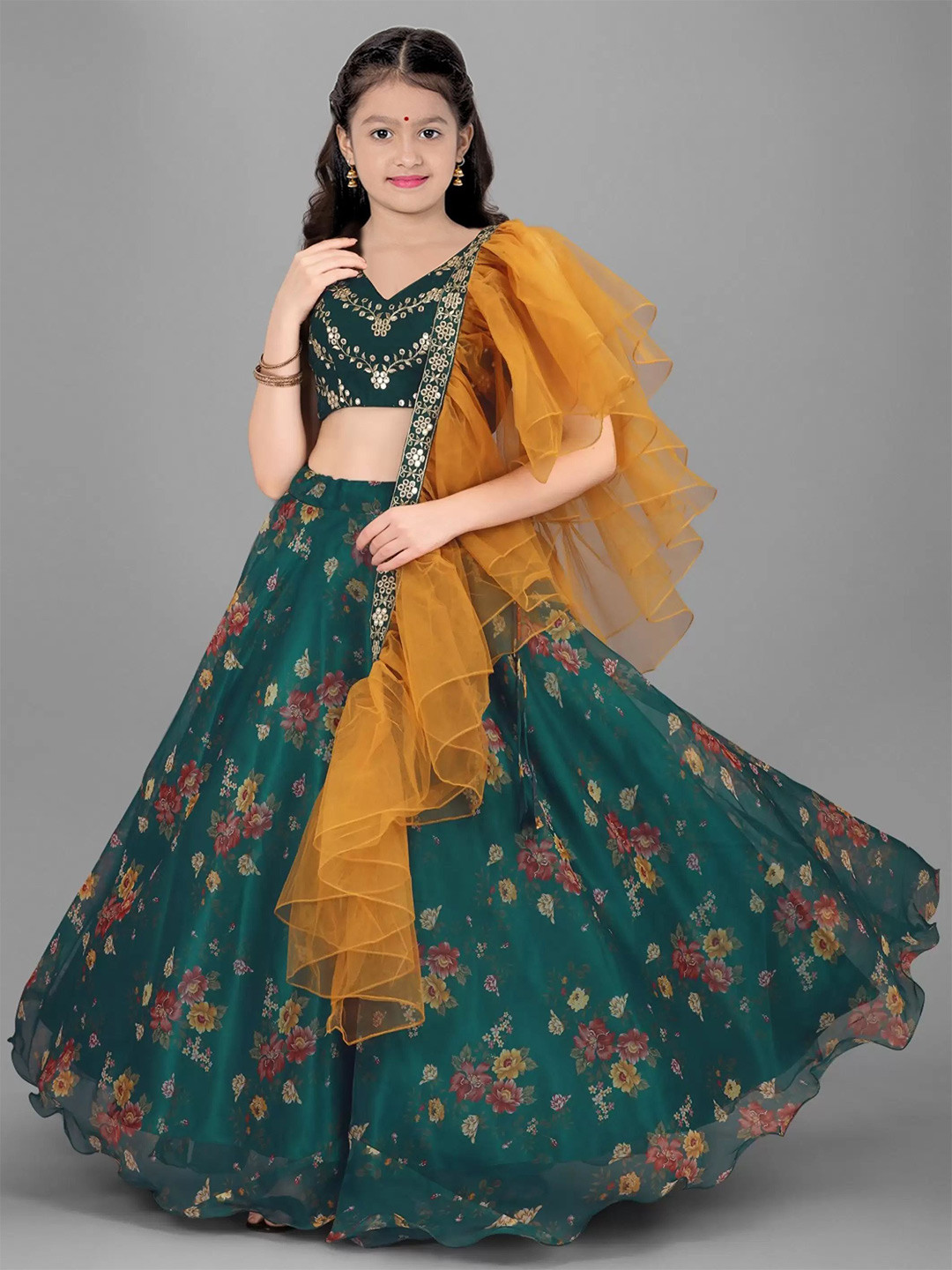 

BAESD Girls Embroidered Semi-Stitched Lehenga & Unstitched Blouse With Dupatta, Green