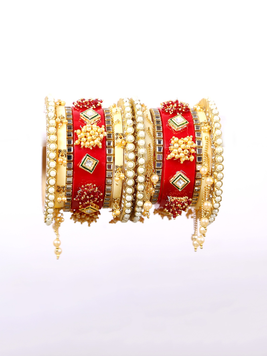 

Zindura Set Of 2 Gold-Plated Stones-Studded & Pearls-Beaded Bangles