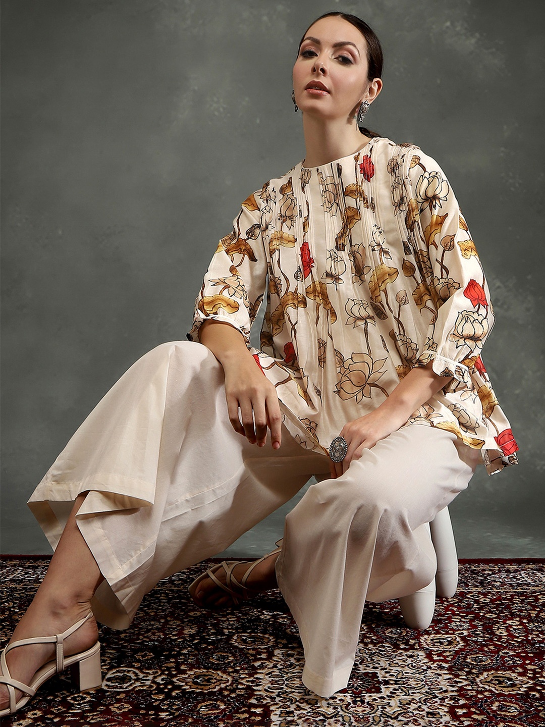 

Biba by Rohit Bal Floral Printed Top With Palazzo, Cream