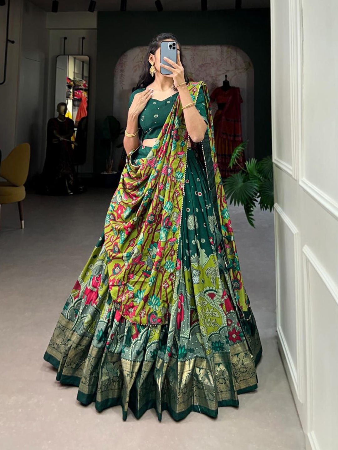 

RADHVI BIZ Printed Kalamkari Ready to Wear Silk Lehenga Semi-Stitched Blouse With Dupatta, Green