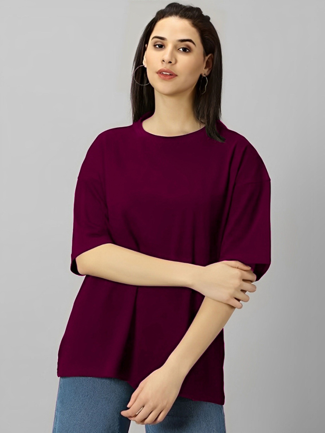 

Kushi Flyer Women Solid Round Neck Cotton Oversized T-shirt, Purple