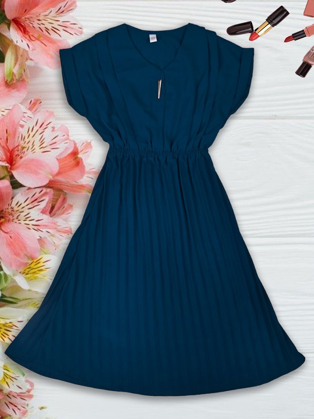 

we11 Girls V-Neck Cap Sleeves Fit & Flare Dress, Blue