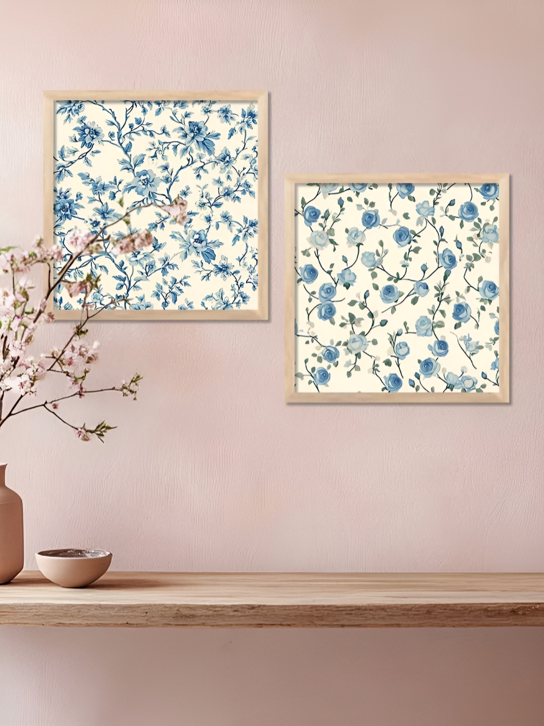 

Kotart Blue & White 2 Pieces Floral And Botanical Printed Wooden Wall Art, Brown