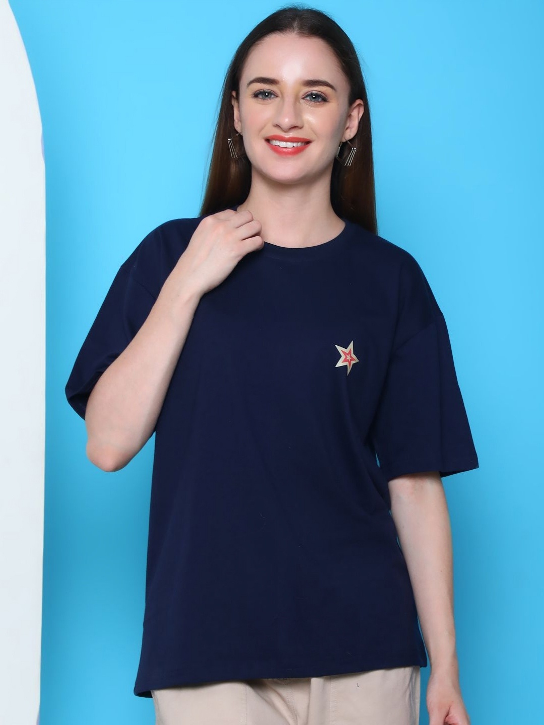 

Tromko Women Typography Printed Round Neck Cotton Oversized T-shirt, Navy blue