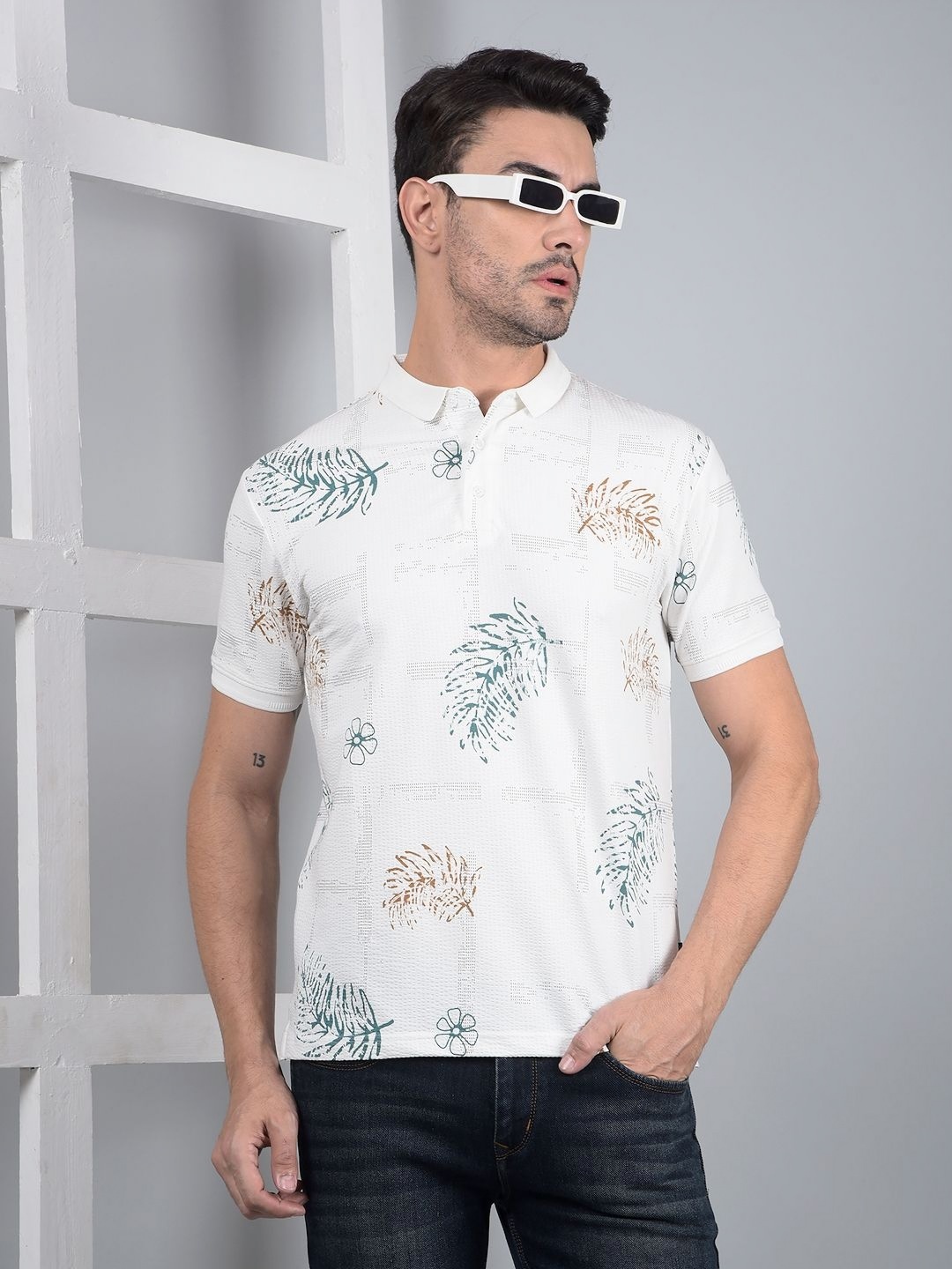 

Crimsoune Club Men Floral Printed Polo Collar Cotton Slim Fit T-shirt, White