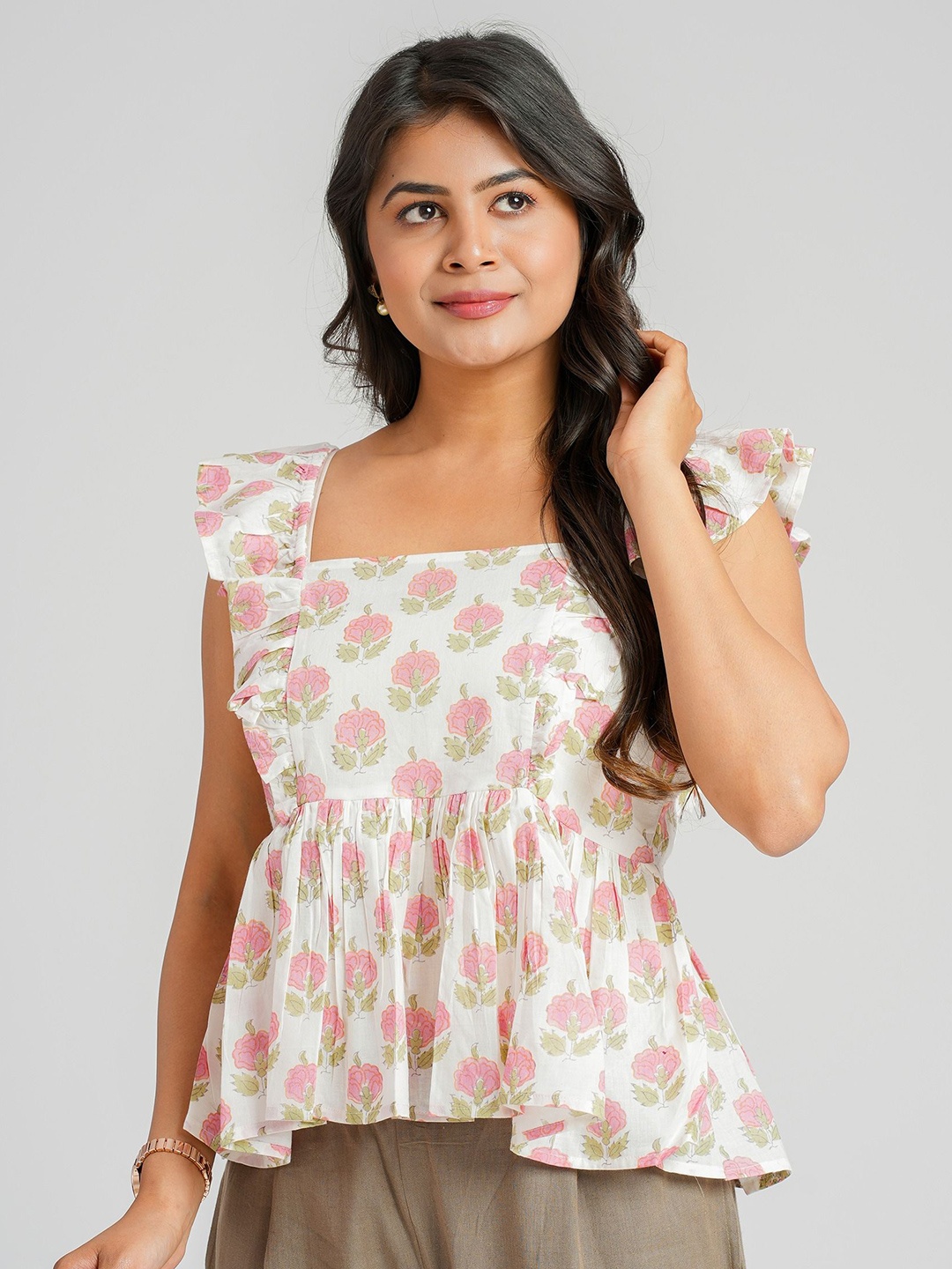 

Cotton Curio Women Cotton Block Printed Peplum Top, White