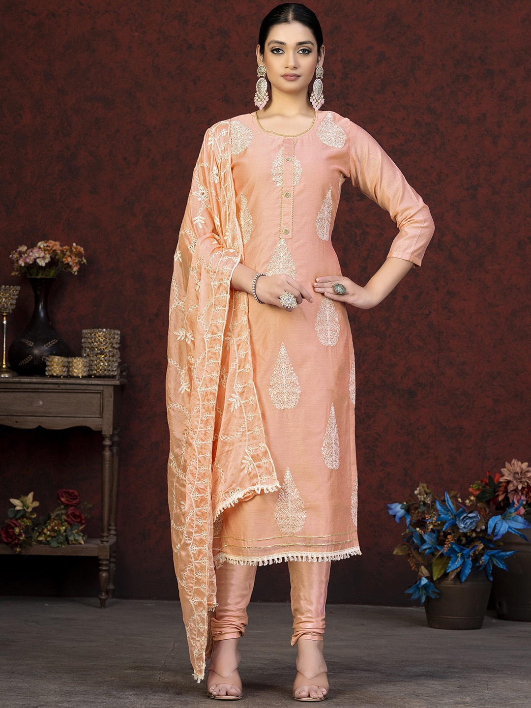 

SHADOW & SAINING Floral Embroidered Thread Work Modal Chanderi Unstitched Dress Material, Peach