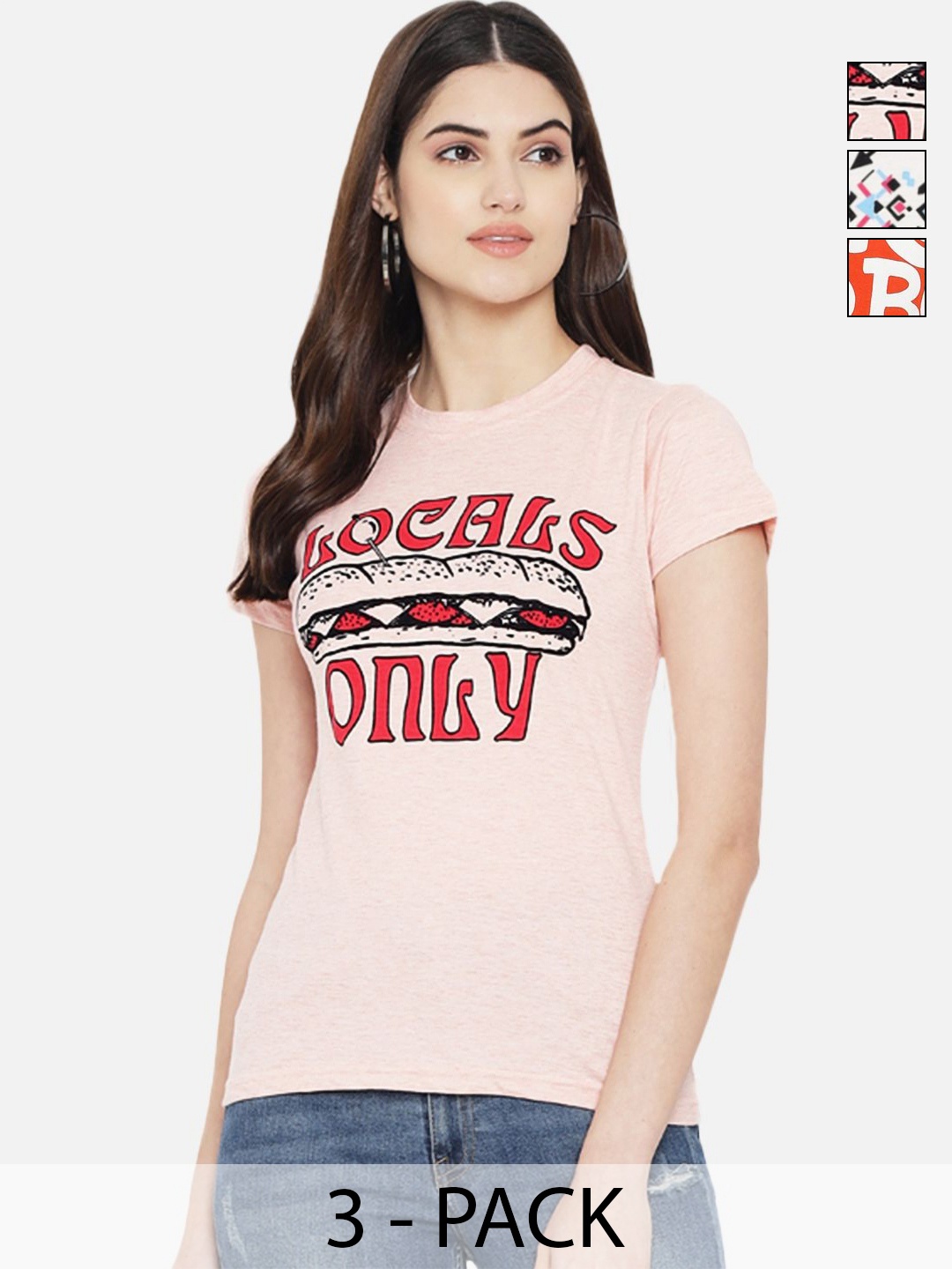 

Dreambe Pack Of 3 Typography Printed Round Neck Short Sleeves Cotton T-shirt, Pink