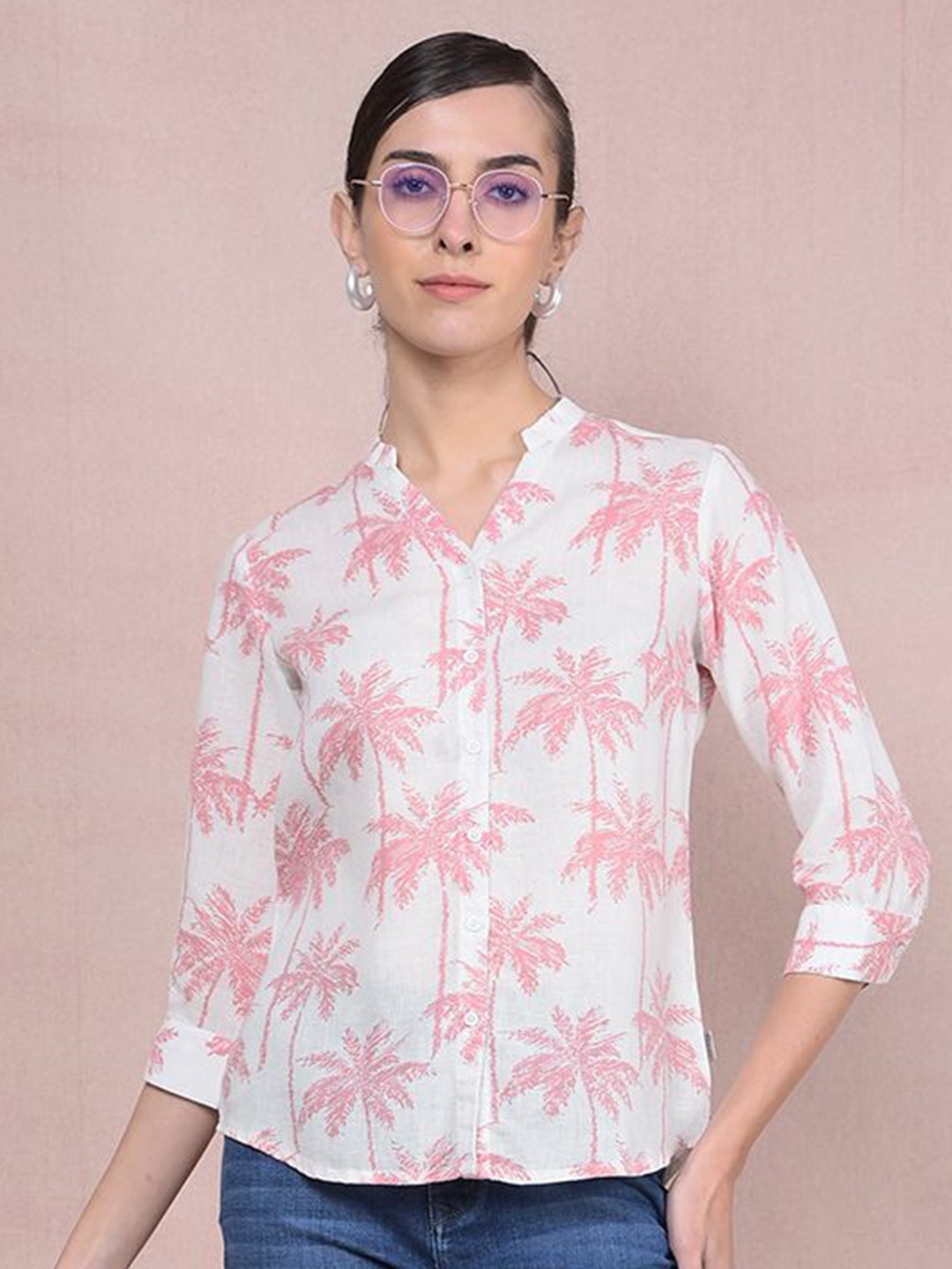 

Crimsoune Club Floral Printed Mandarin Collar Cotton Shirt, White