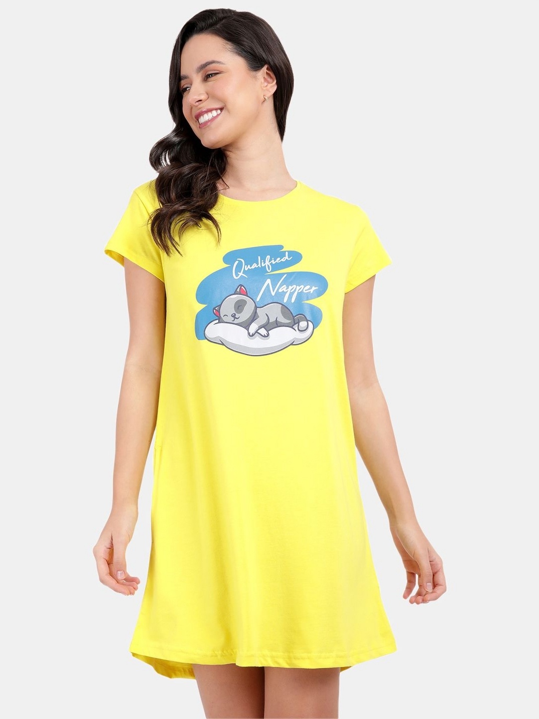 

SNAPPY B Typography Printed Round Neck Cotton Long T-shirt, Yellow