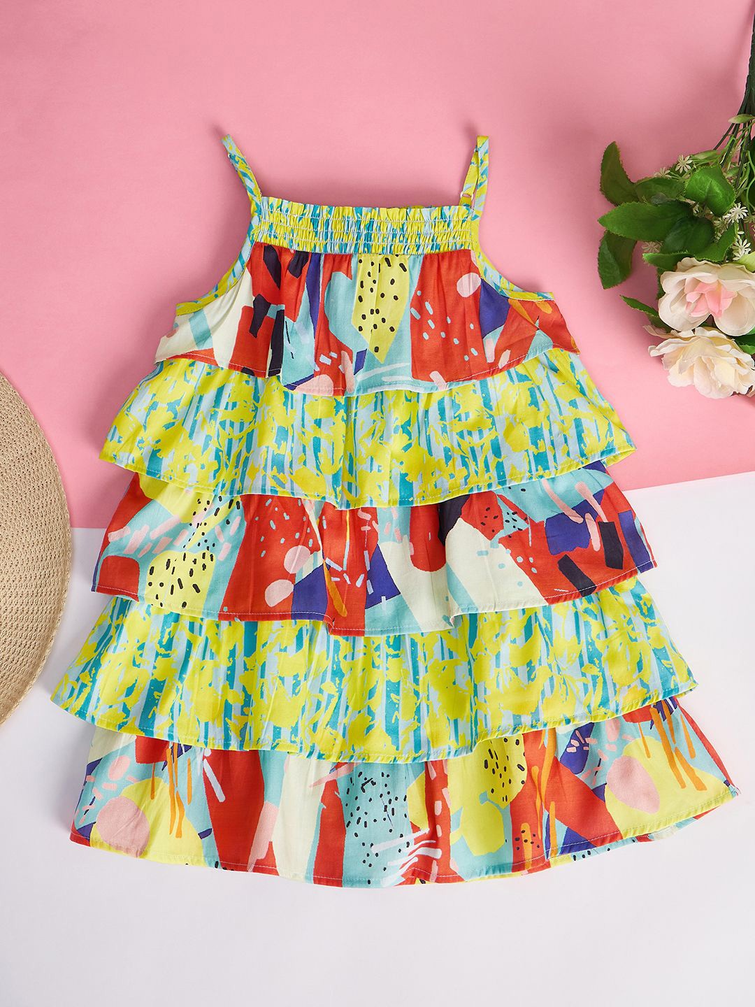 

StyloBug Girls Abstract Print Shoulder Straps Neck Empire Dress, Multi