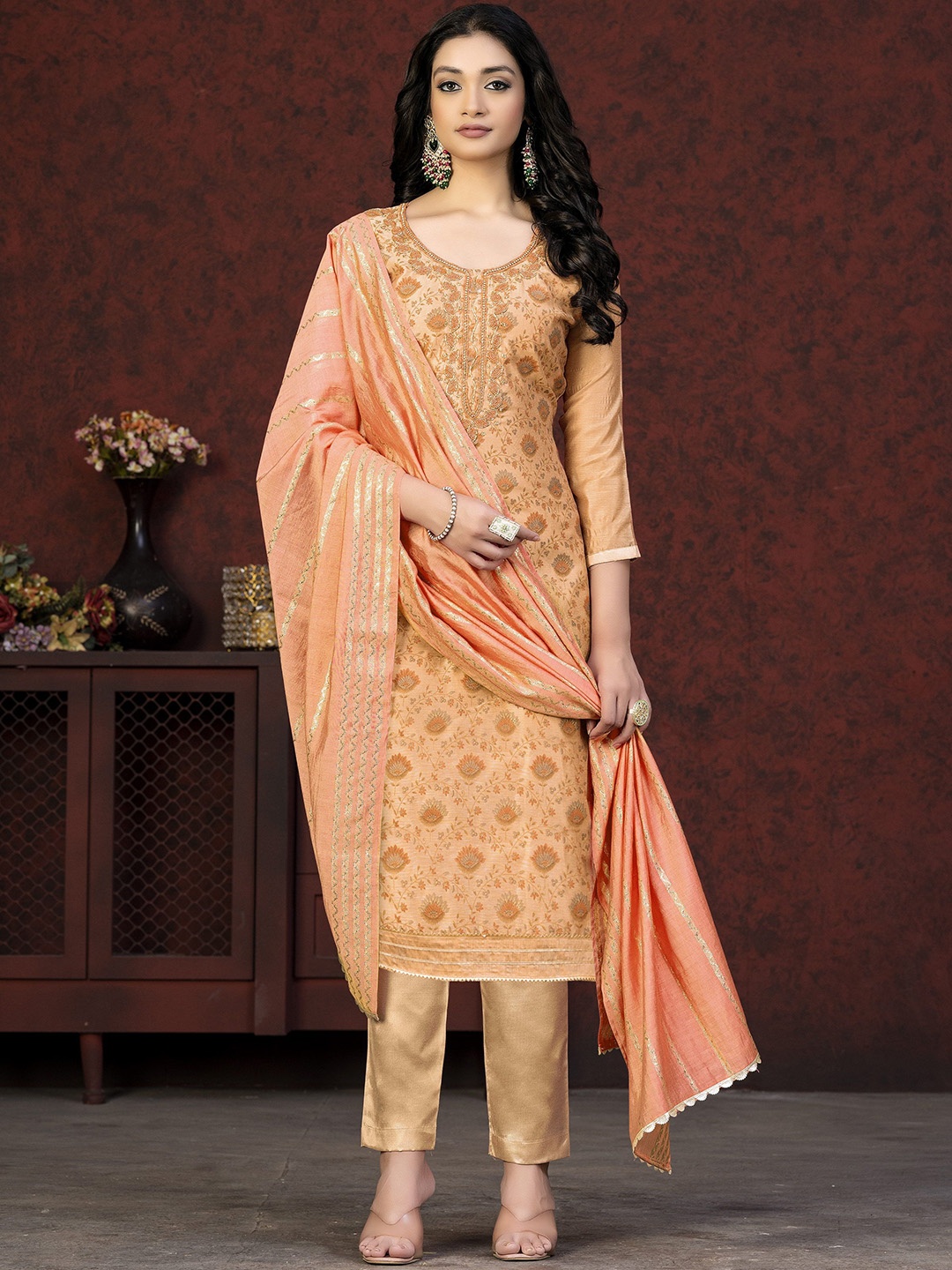 

SHADOW & SAINING Floral Printed Beads & Stones Modal Cotton Unstitched Dress Material, Beige