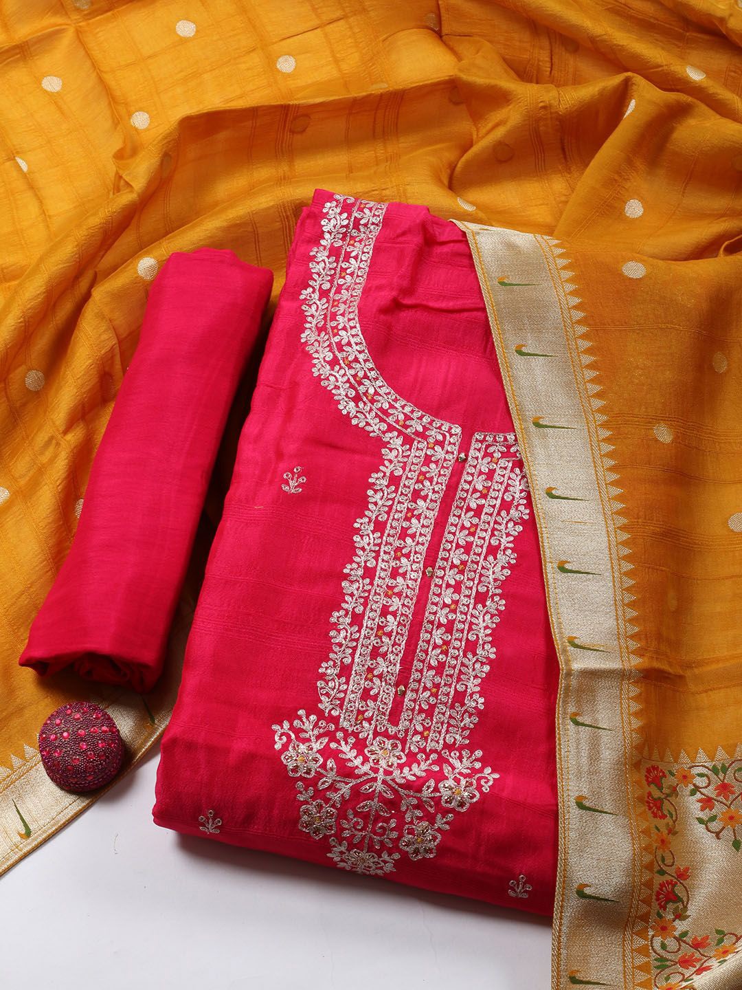 

Meena Bazaar Floral Embroidered Sequinned Unstitched Dress Material, Pink