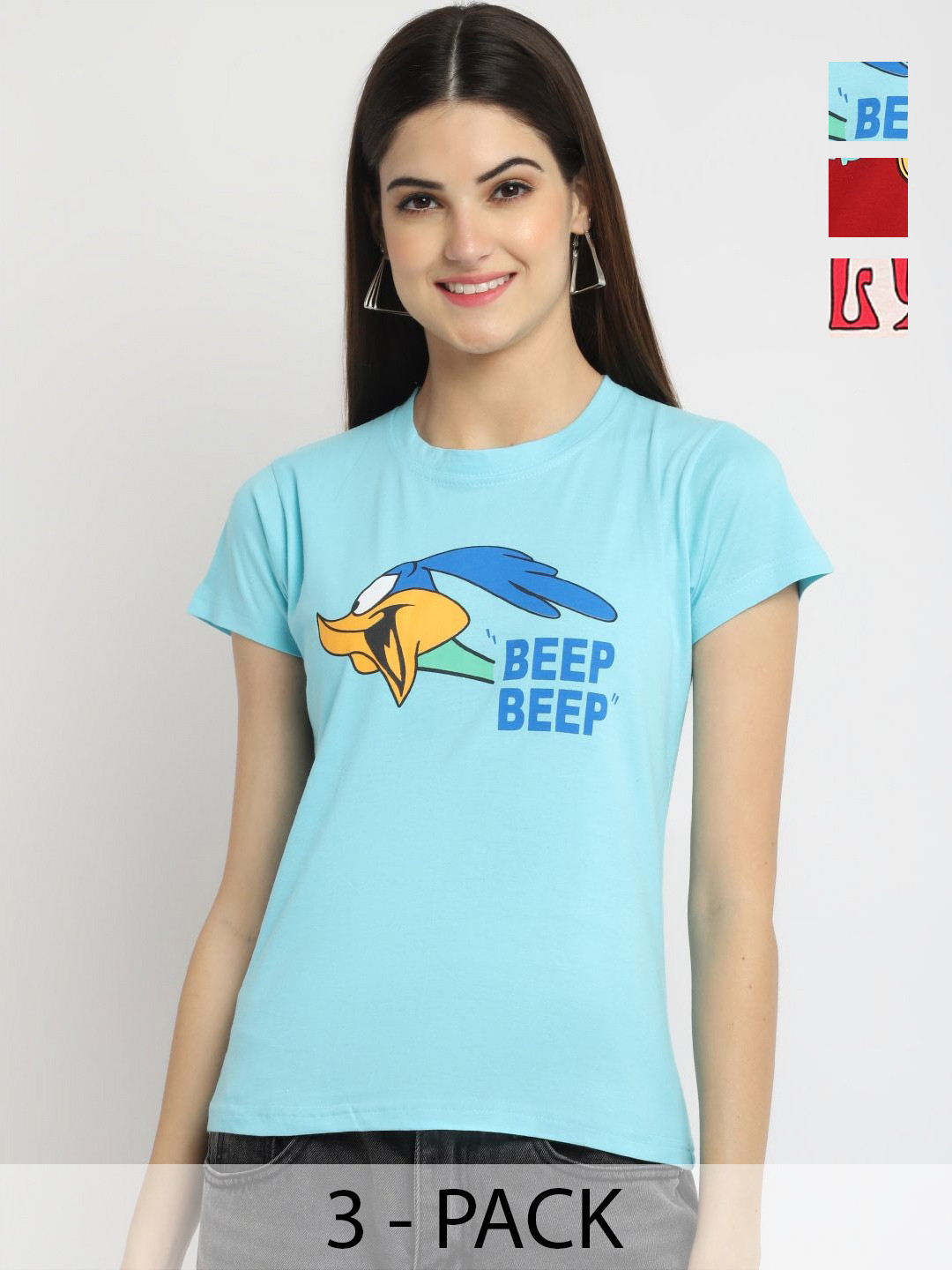 

Dreambe Women Pack of 3 Looney Tunes Graphic Printed Round Neck Cotton T-shirts, Red