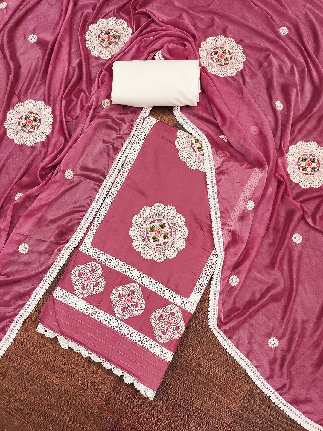 

SHADOW & SAINING Floral Embroidered Sequinned Roman Silk Unstitched Dress Material, Pink
